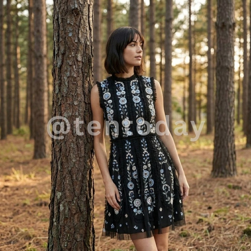 $598 Mac Duggal Size 12 Black Floral Blue Sequin Embroidered Ruffle Mini Dress